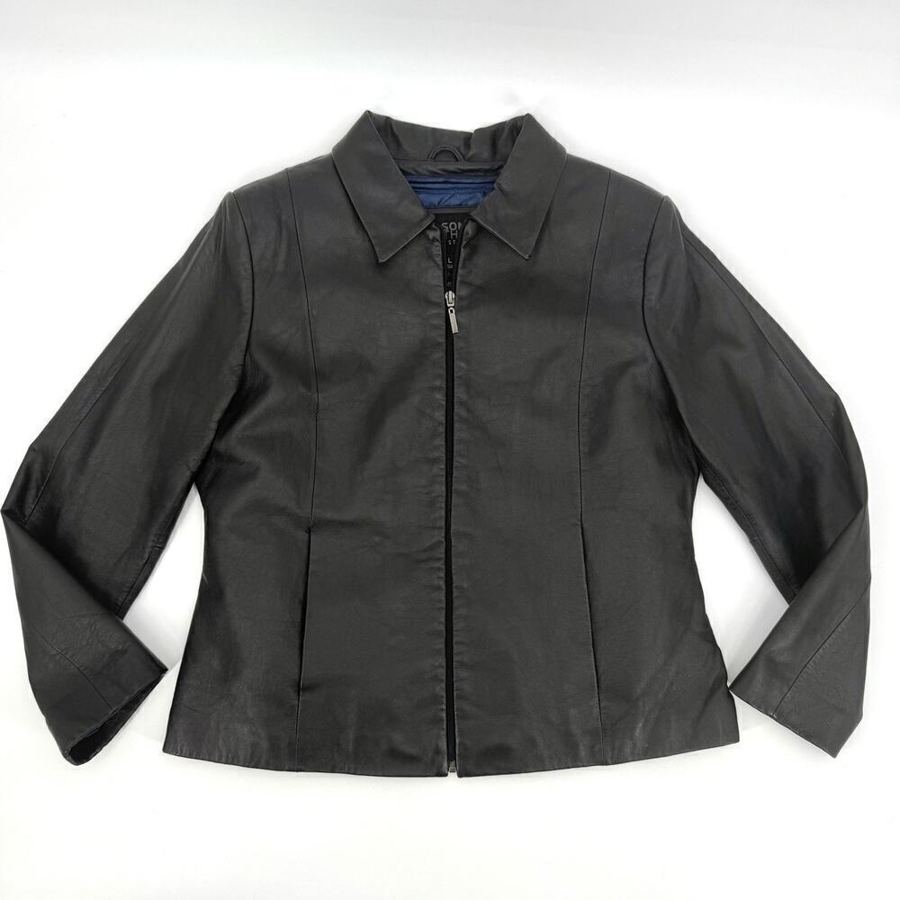 Wilsons Leather Black Jacket Blue Interior Multipocket Zip-Out Liner Size Large